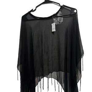Vintage Sisters Accessories Shawl 1 Sz Black Beaded Fringe Silk Sheer Gothic